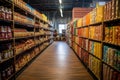 rows of finished packaged food products in warehouse