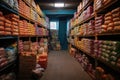 rows of finished packaged food products in warehouse