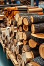 Rows of Firewood Logs on Pallets Stacked Timber, Firewood Supply, Preparation for Winter Heating Royalty Free Stock Photo
