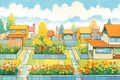 rows of flat roofs among blooming prairie, magazine style illustration