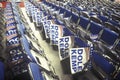 Rows of folded chairs and Dole/Kemp signs at the Republican National Convention in 1996, San Diego, CA
