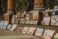 Rows of framed paintings - sale. Saint Petersburg, September 20, 2021, Russia