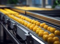 Rows of fresh peeled oranges for juice on a conveyor belt in a modern factory, ready for processing and packaging.