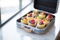 rows of fruit tarts in a carryon suitcase Royalty Free Stock Photo