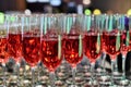 Rows of full champagne, sparkling wine and red wine glasses. Dining, drink. Royalty Free Stock Photo