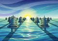 Rows of futuristic structures hover above the ocean, featuring a Royalty Free Stock Photo