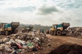 rows of garbage trucks entering the landfill, bringing in new waste