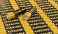 Rows of generic AA batteries with the label `Alkaline`