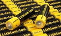 Rows of generic AA batteries with the label `Lithium ion`e`