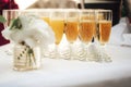 Rows of glasses with various drinks standing on white table cloth on festive table. Celebration, birthday, party