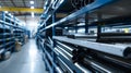 Rows of gleaming metal sheets and tubes neatly organized on shelves waiting to be machined into precision components