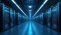 Rows of glowing blue server racks in a modern data center. Computer hardware filled with blinking lights in a server room. High Royalty Free Stock Photo