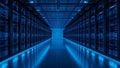 Rows of glowing blue server racks in a modern data center hallway Royalty Free Stock Photo
