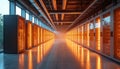 Rows of glowing orange servers line a modern data center hall. Advanced cooling pipes run overhead. Gleaming floors reflect Royalty Free Stock Photo