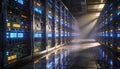 Rows of glowing server racks in a modern data center with dramatic lighting Royalty Free Stock Photo