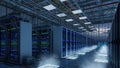 Rows of glowing server racks in a modern data center with technicians in hazmat suits server room Royalty Free Stock Photo