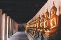rows of golden meditation buddha image statues around the temple of Wat Phutthaisawan at Ayutthaya Historical Park, Ayutthaya,