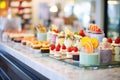 rows of gourmet desserts on chilled display counter