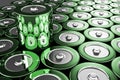 Rows of green alkaline batteries, one sticking