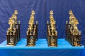 Rows of gymnastic competition trophies on the table Royalty Free Stock Photo