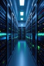 Rows of high-performance servers stand illuminated in a futuristic data center Royalty Free Stock Photo