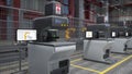 Rows of high voltage machines in warehouse respecting safety measures, 3D render