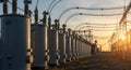 Rows of high-voltage transformers in an electrical substation are illuminated by the Royalty Free Stock Photo