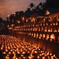 Rows of homes with lighted Diwali lamps.