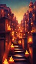 Rows of homes with lighted Diwali lamps fill the image