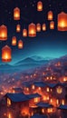 Rows of homes with lighted Diwali lamps fill the image