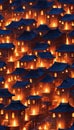 Rows of homes with lighted Diwali lamps fill the image