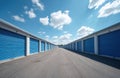 Rows of identical self storage units with blue roll up doors under bright blue sky with white clouds. Industrial facility offers Royalty Free Stock Photo