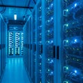 Rows of illuminated data servers in a modern data center. The servers are housed in tall racks with Royalty Free Stock Photo