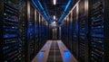 Data center interior featuring illuminated server racks and network equipment at night Royalty Free Stock Photo