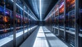 Rows of illuminated server racks in a modern data center hallway with blue and orange lights Royalty Free Stock Photo