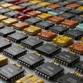 Rows of integrated circuits (ICs) and resistors are arranged on a surface. The ICs, Royalty Free Stock Photo
