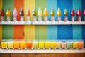 rows of juice shots with colorful layers, neat arrangement