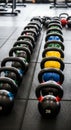 Rows of kettlebells in a gym setting. The kettlebells are arranged neatly, with black, Royalty Free Stock Photo