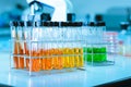 Rows of laboratory test tubes. Scientific glassware for chemical, Laboratory research background