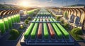 Rows of large, transparent bioreactors filled with green and red algae solutions, Royalty Free Stock Photo