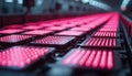Rows of LED screens on factory production line during testing. Red lights on, electronic panels close-up. Tech production Royalty Free Stock Photo