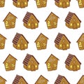 Rows of little gingerbread houses, repeat vector on white background,