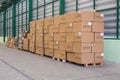 The rows of material boxes or product boxes in warehouse area ready for shipment.