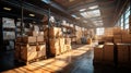 Rows of material boxes or product boxes in warehouse area, Modern warehouse or industrial shelves with cardboard boxes