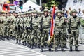 Rows of military troop marching on streets during sunny summer day