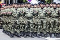 Rows of military troop marching on streets during sunny summer day Royalty Free Stock Photo