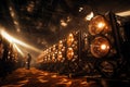 Rows of mining farm with dramatic overhead lighting effects. Generative AI Royalty Free Stock Photo