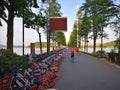 rows of mobike on the wuhan east lake greenway