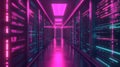 Server room with glowing neon lights creating a futuristic data center Royalty Free Stock Photo