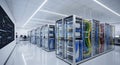 Rows of modern server racks displaying organized, colorful network cabling in a data center environment Royalty Free Stock Photo